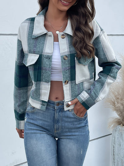 Perfee Plaid Button Up Drop Shoulder Cropped Jacket