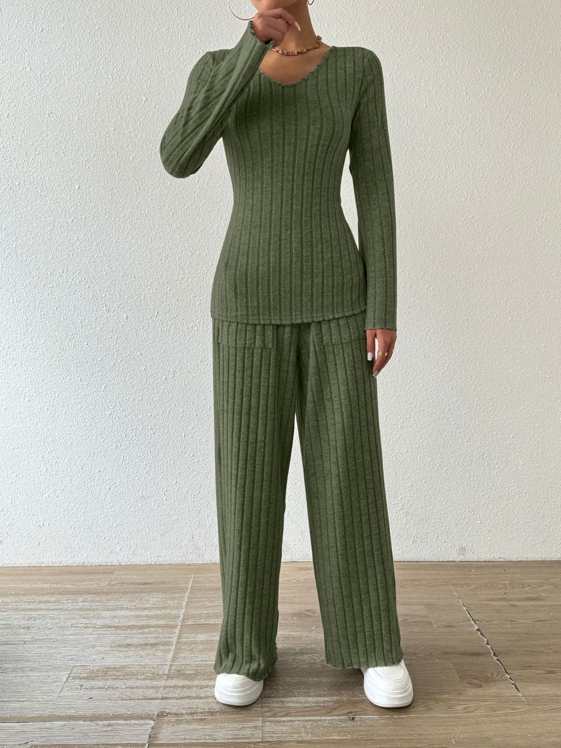 Ribbed V-Neck Long Sleeve Top and Pocketed Pants Set