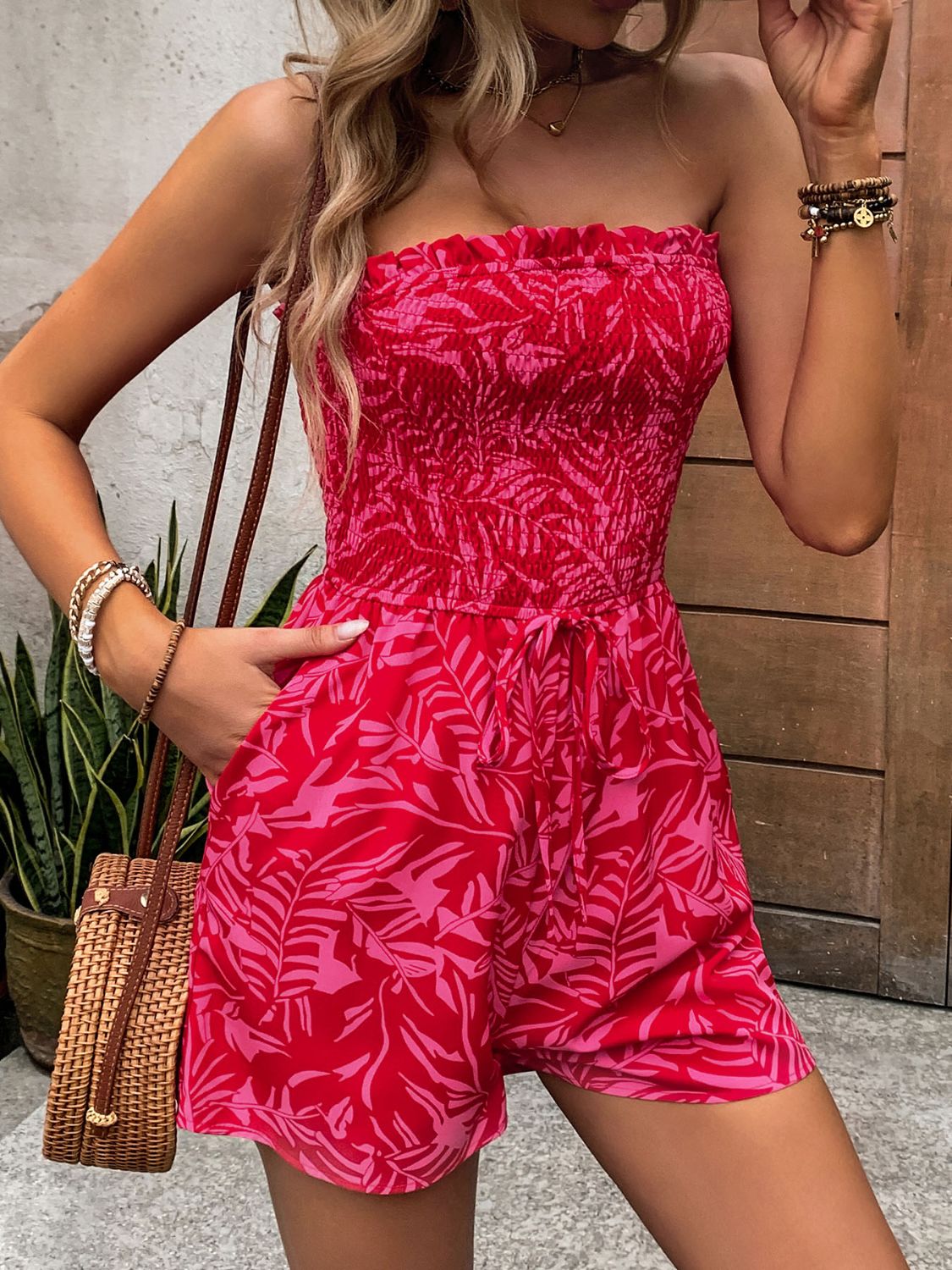 Perfee Smocked Printed Tube Romper with Pockets