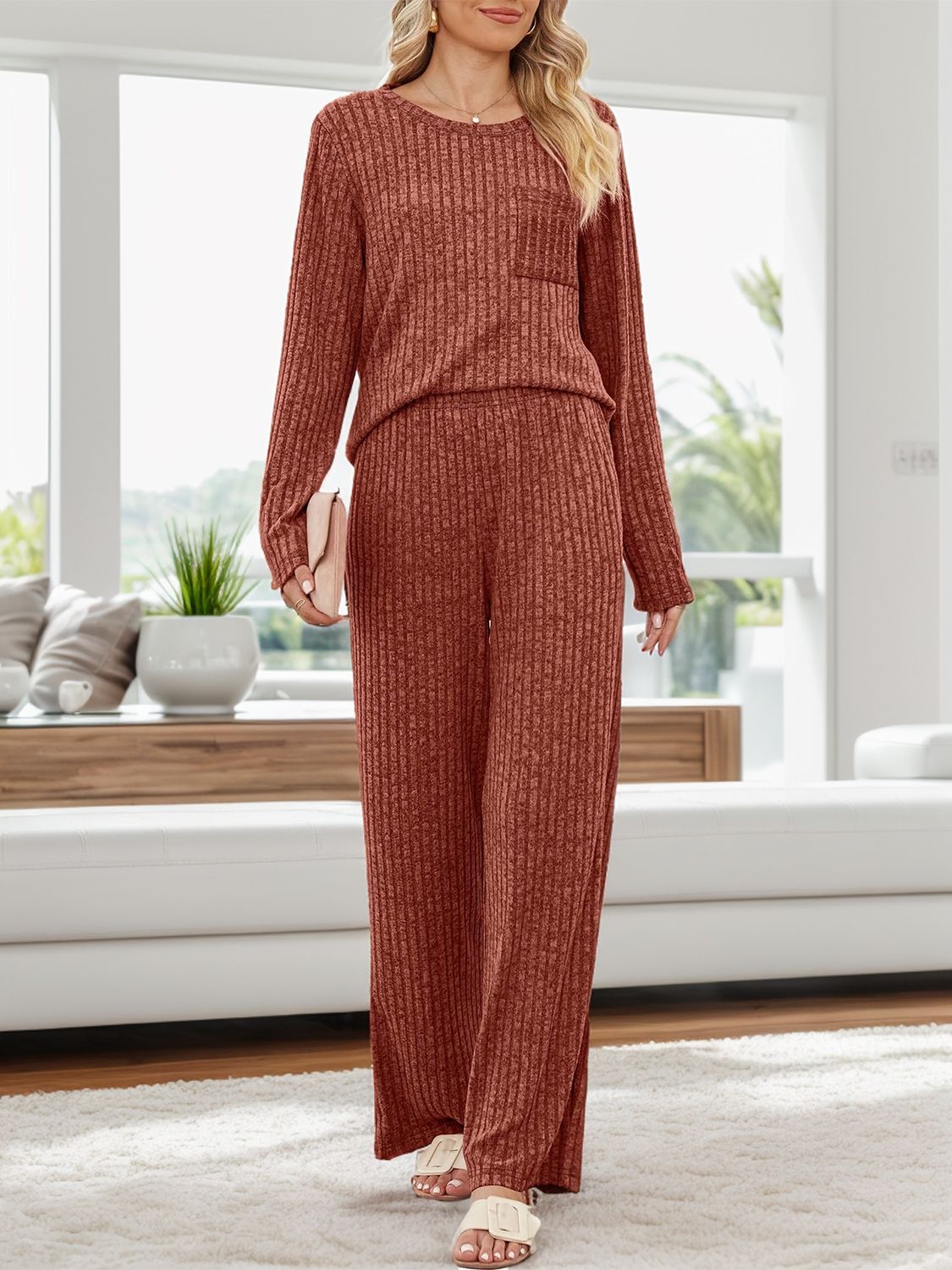 Round Neck Long Sleeve Top and Pants Set