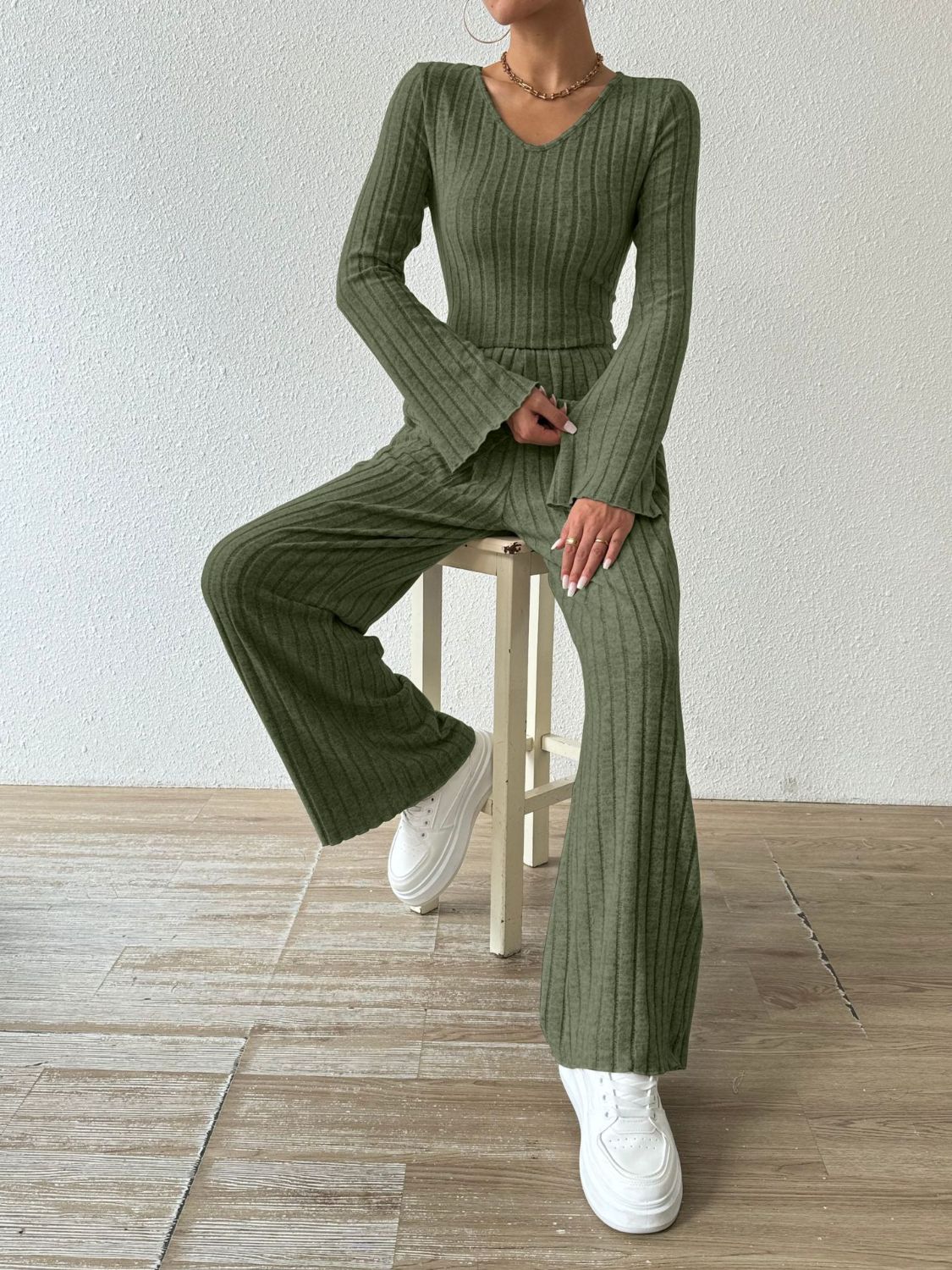 Ribbed V-Neck Long Sleeve Top and Pocketed Pants Set