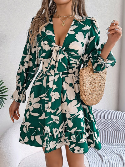 Tied Ruffled Printed Long Sleeve Dress