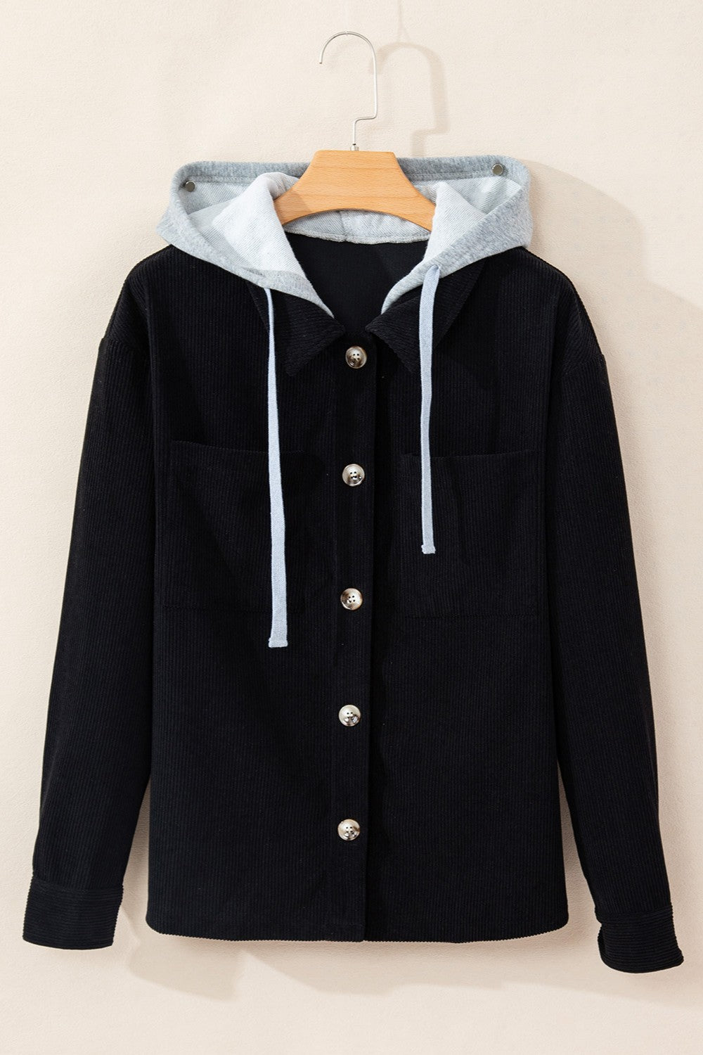 Drawstring Button Up Long Sleeve Hooded Jacket