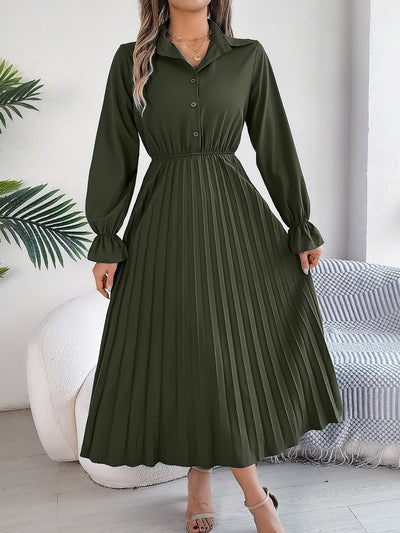 Pleated Half Button Long Sleeve Midi Dress