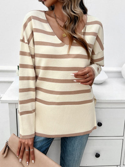 Devine Striped V-Neck Long Sleeve Knit Top