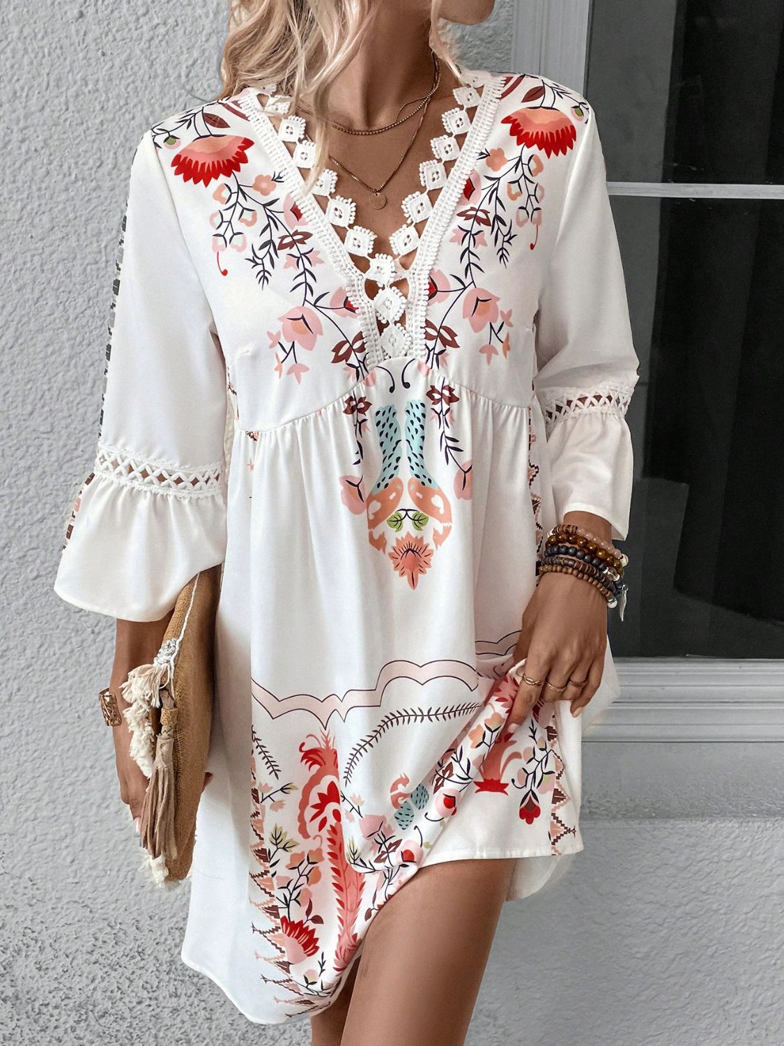 Lace Detail Printed Three-Quarter Sleeve Dress