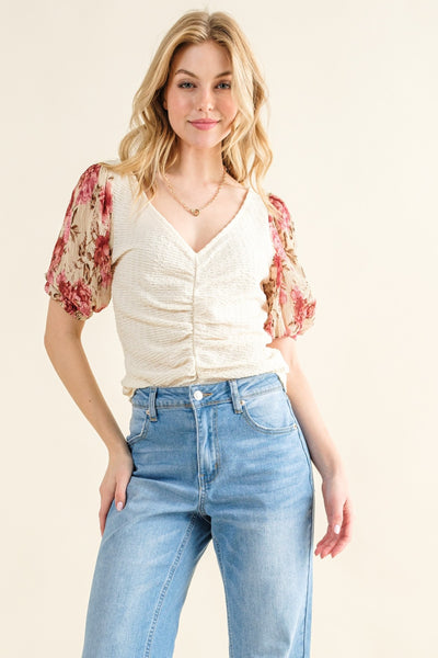 And The Why Full Size Floral Print Textured Sleeve Knit Top