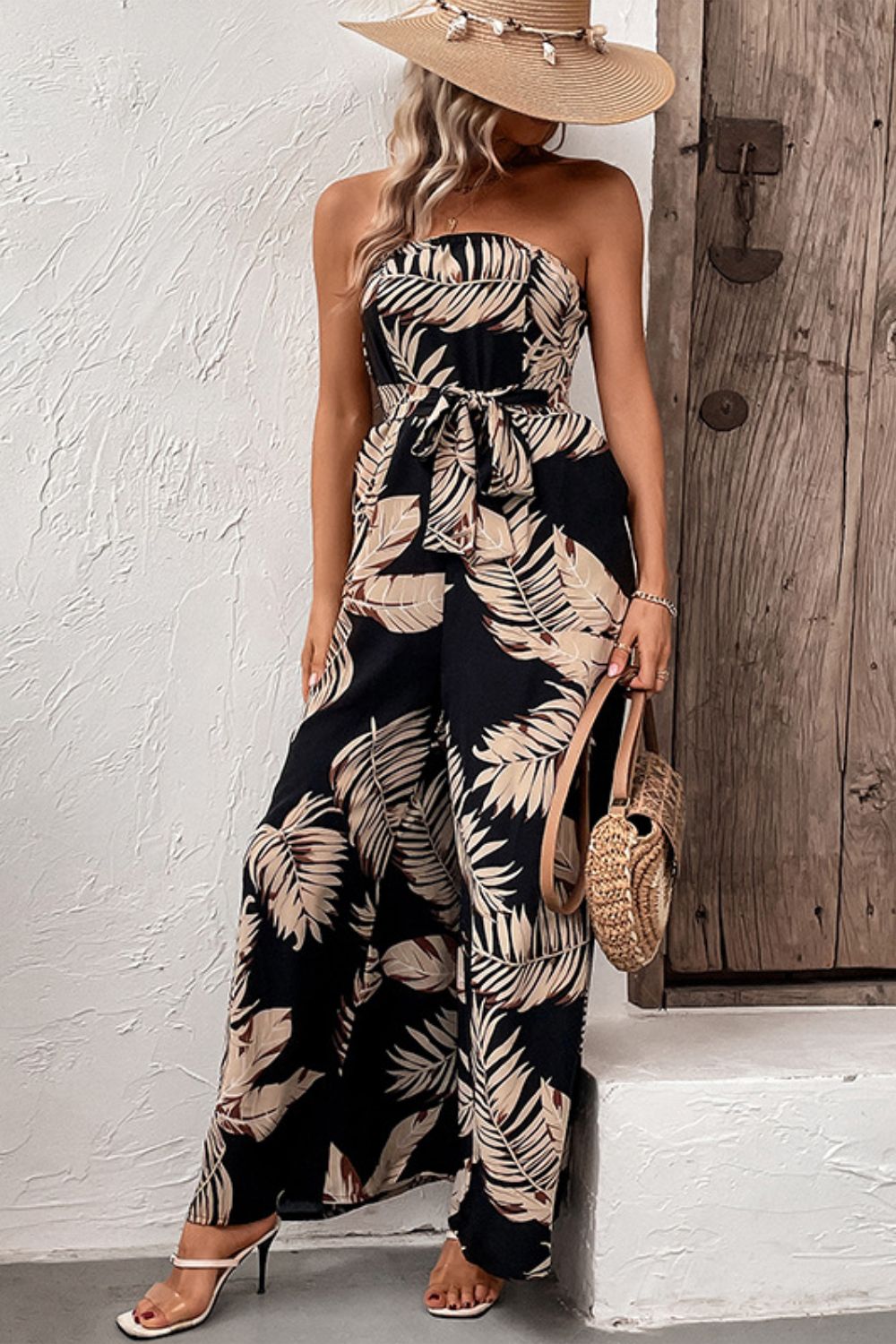 Perfee Printed Strapless Wide Leg Jumpsuit with Pockets